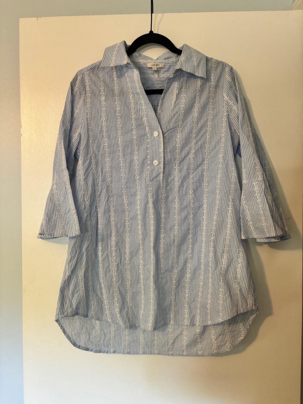 Tyler Boe Blue & White Striped Embroidered Popover Top, Size S